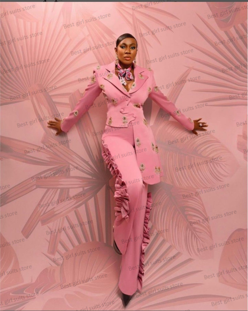 Women Formal Wear With Blazer - Pink Wedding Women Suit Set Blazer+Straight