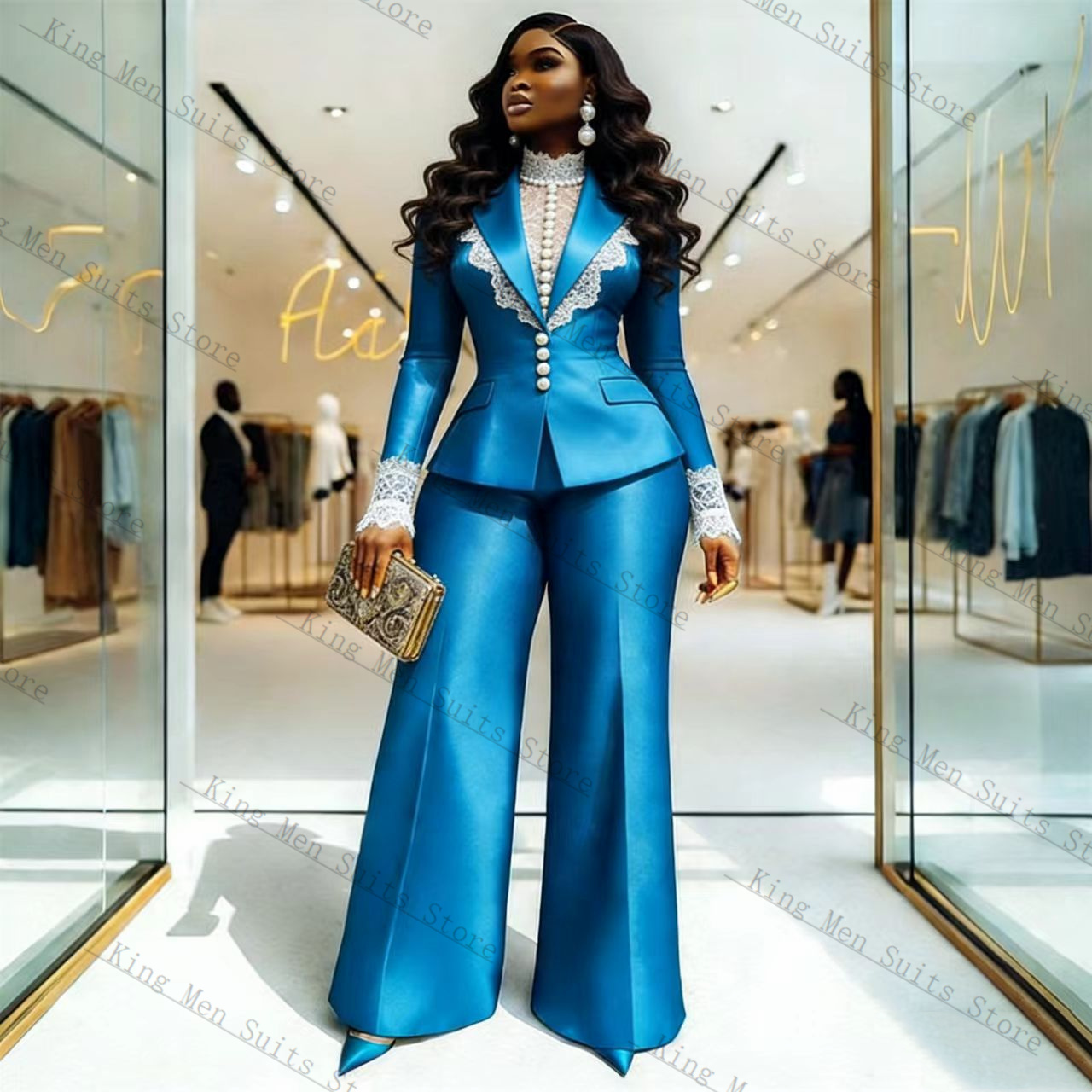Women'S Formal Wear Jackets - Blue Satin Lace Women Suit Set