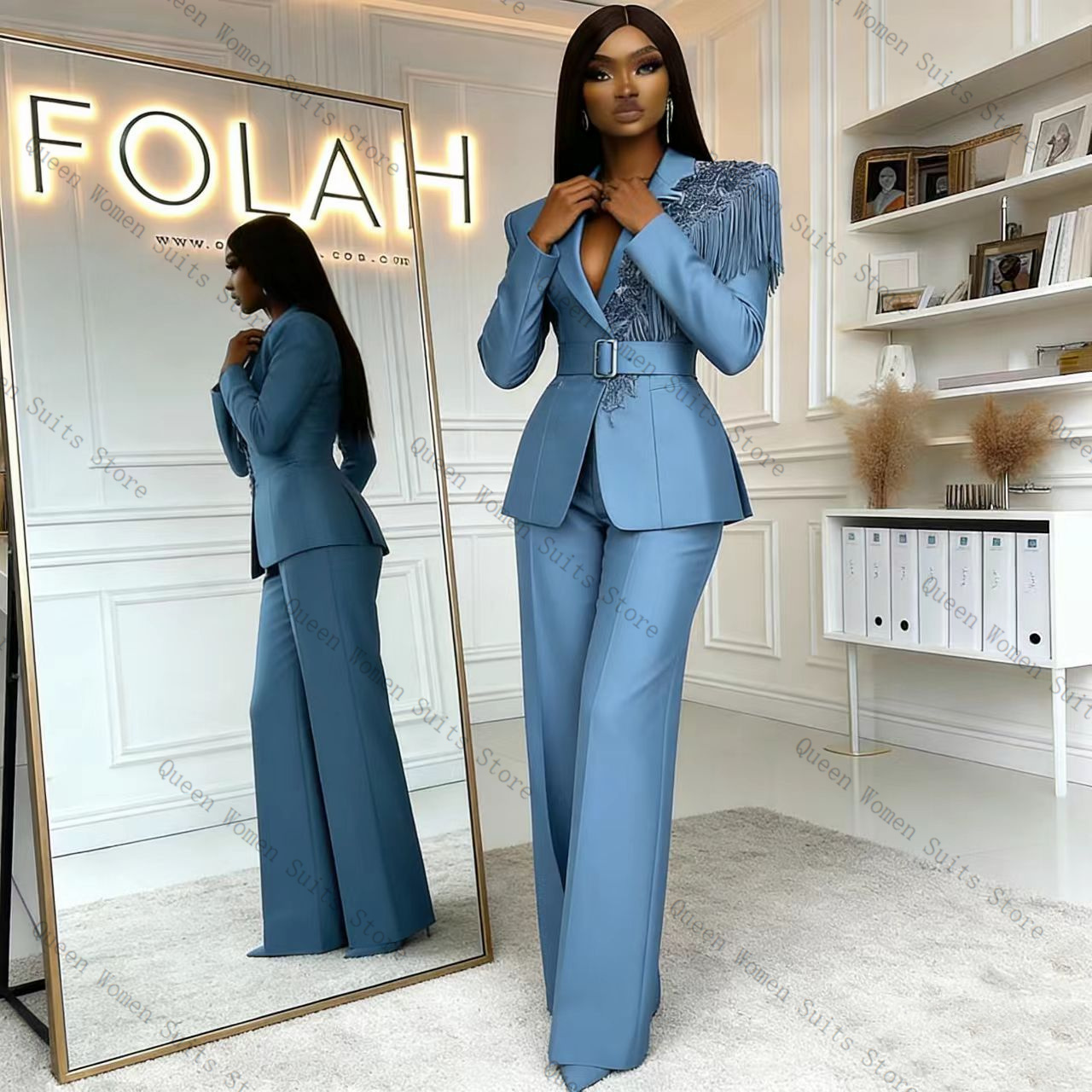 Women Formal Wear With Blazer - Tassel Blue Women Suit Pants Set