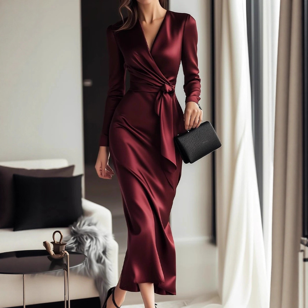 Autumn New Satin Long Sleeve D - Women Formal Wear Trends 评论和价格