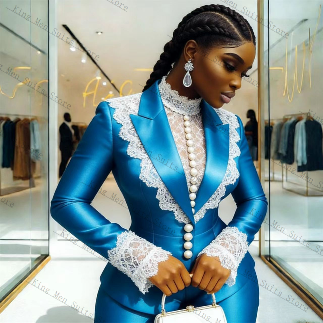 Blue Satin Lace Women Suit Set - Women'S Formal Wear Jackets 评论和价格