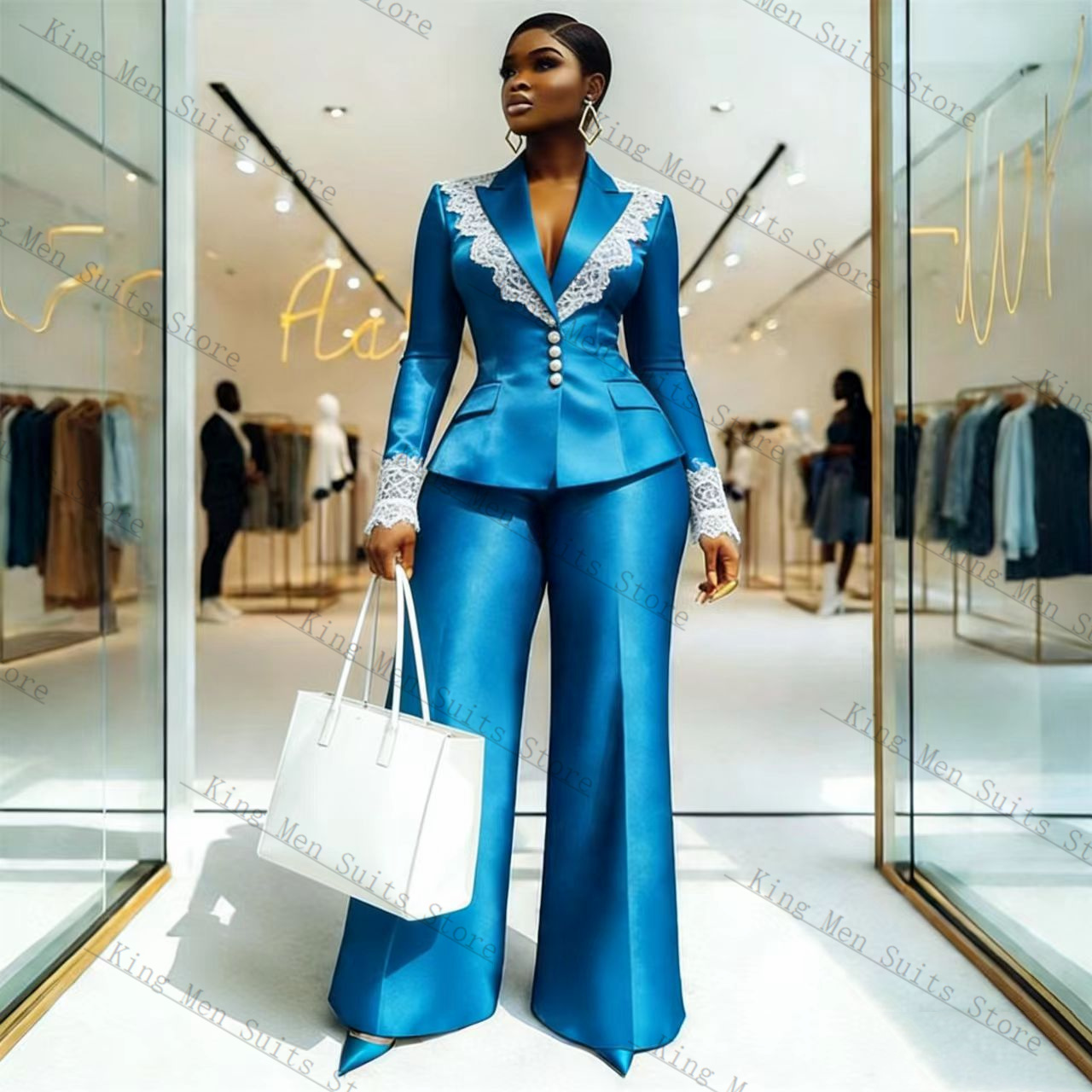 Blue Satin Lace Women Suit Set - Women'S Formal Wear Jackets 评论和价格