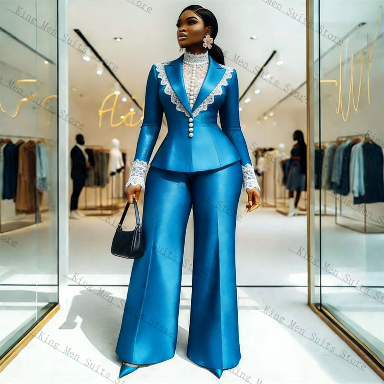 Blue Satin Lace Women Suit Set - Women'S Formal Wear Jackets 评论和价格