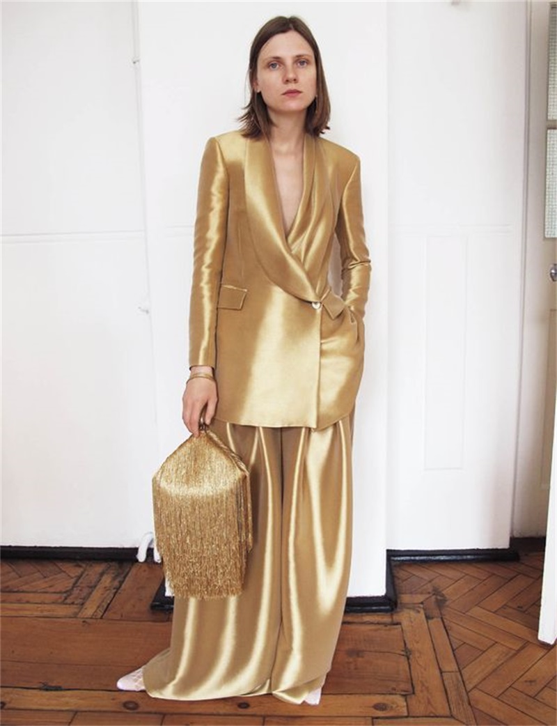 Gold Silk Satin Women Suits Of - Women Formal Wear With Blazer 评论和价格