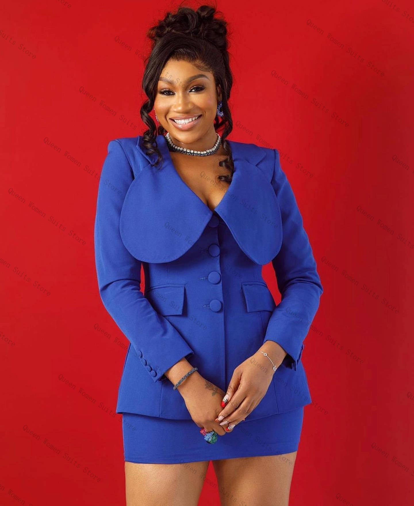 Blue Women Suit Skirt Set 2 Pi - Women'S Formal Jackets To Wear With Dresses 评论和价格