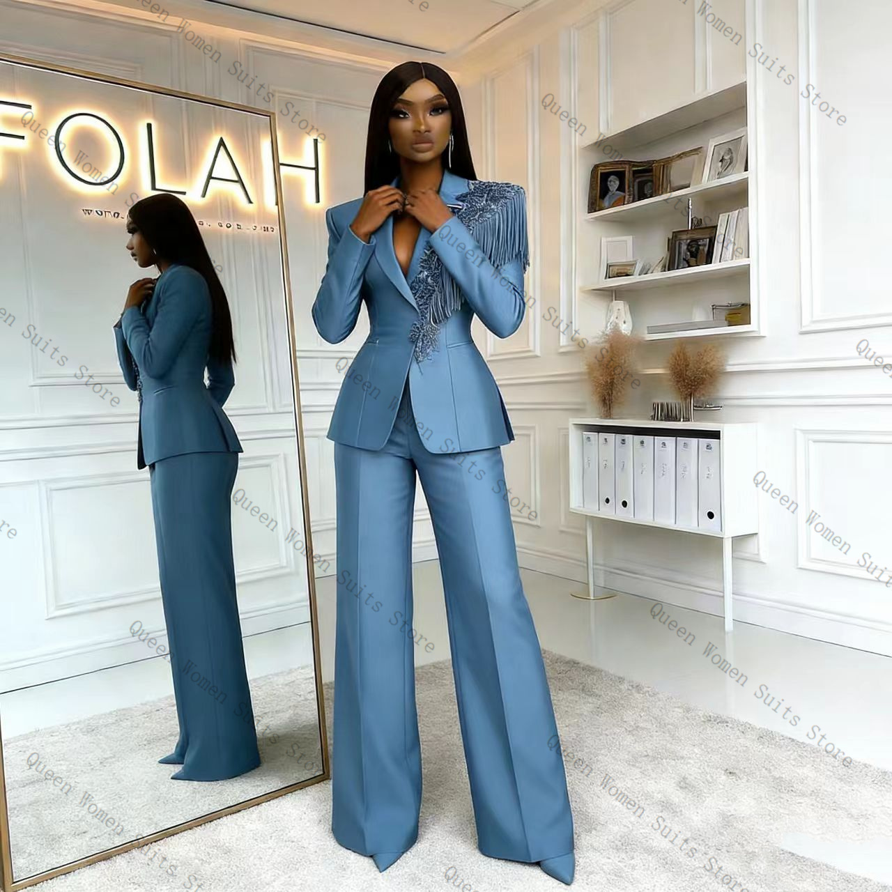 Tassel Blue Women Suit Pants S - Women Formal Wear With Blazer 评论和价格