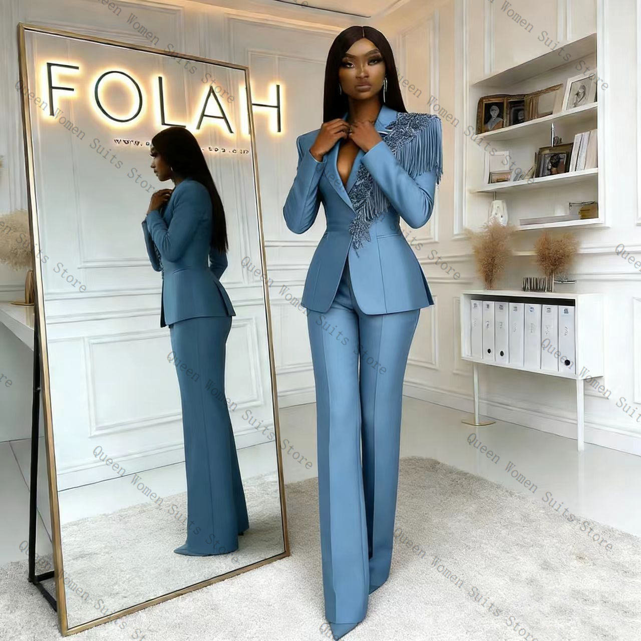 Tassel Blue Women Suit Pants S - Women Formal Wear With Blazer 评论和价格