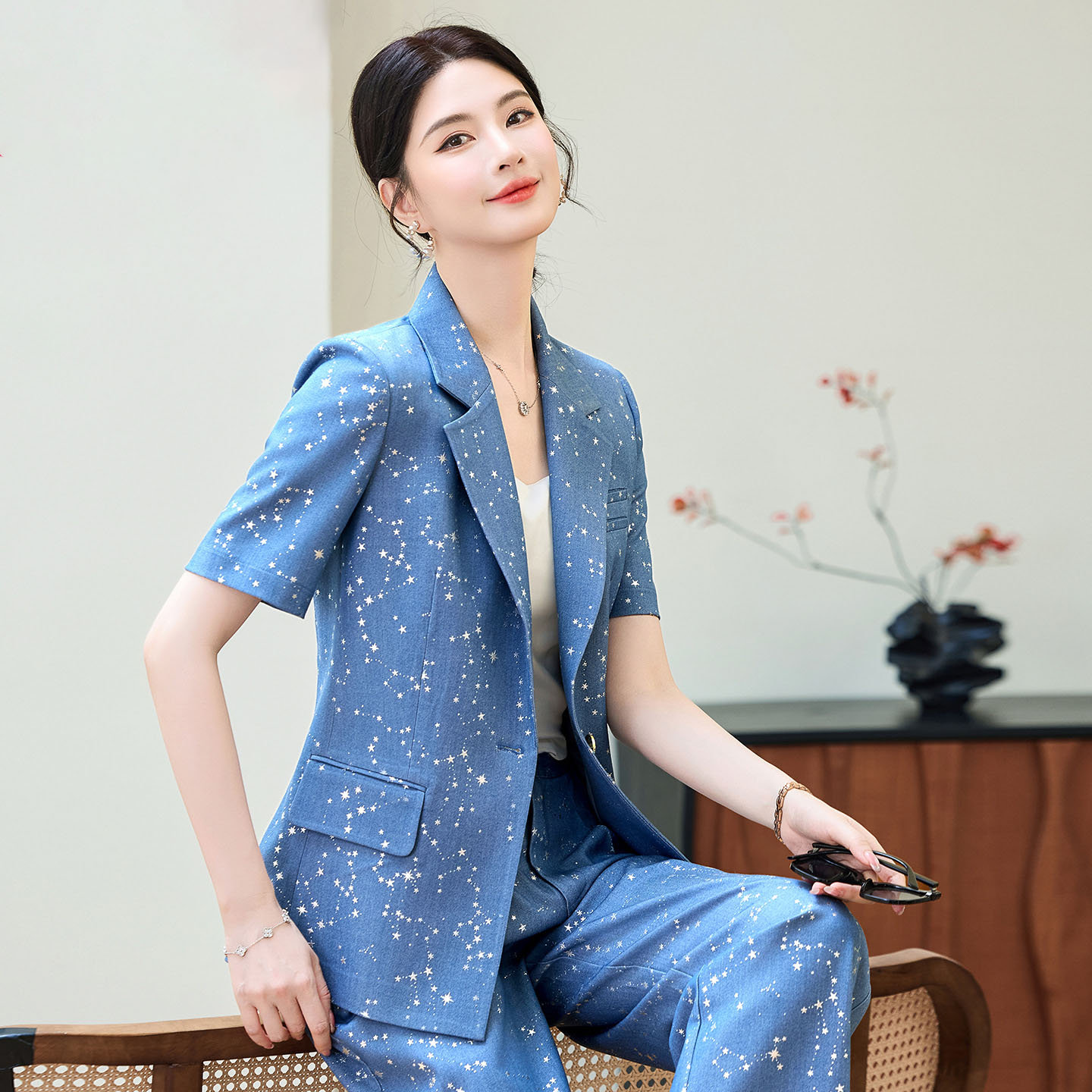 Fashion Blue Yellow Short Slee - Women Formal Wear With Blazer 评论和价格